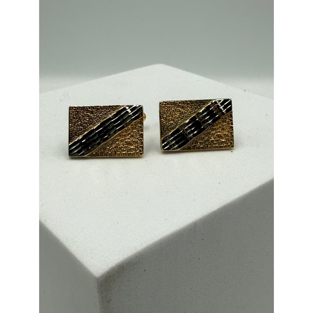 Vintage Two Tone Gold Silver Stripe Rectangular Cufflinks‎ Textured Geometric